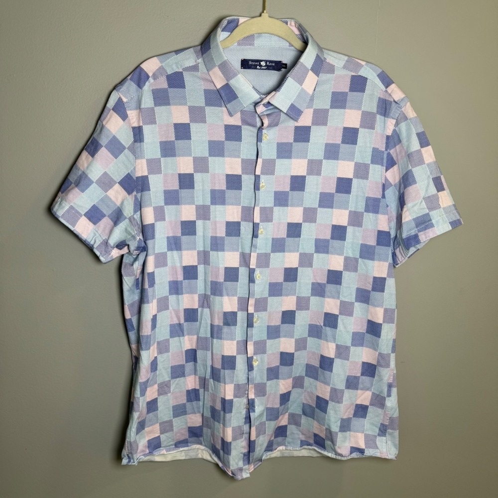 Stone Rose Mens XXL Short Sleeve Button Front Shirt Blue Pink Checkered Cotton